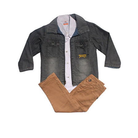 Erkek Çocuk Mavi Ceketli Gömlekli Kahve Pantolonlu Lüx 3'lü Takım