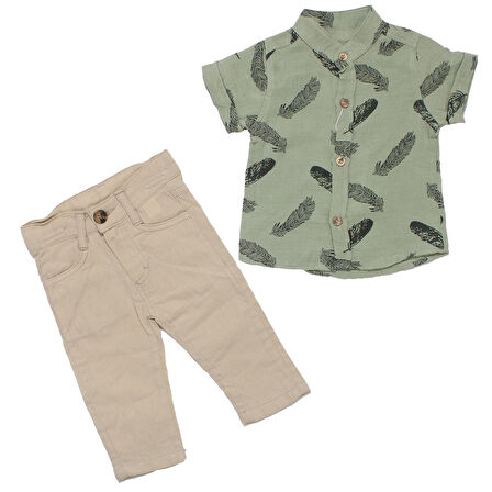 Erkek Bebek Yeşil Bej Müslin Tüy Desenli Gömlekli 2'li Takım