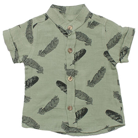 Erkek Bebek Yeşil Bej Müslin Tüy Desenli Gömlekli 2'li Takım