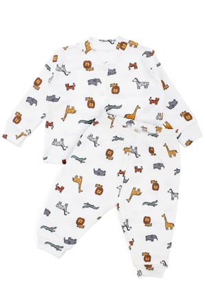 Erkek Bebek Ekru Renkli Hayvanlar Alemi Baskılı Çıtçıtlı Pijama Takımı