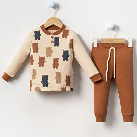 Erkek Bebek Kiremit Rengi Ayıcık Desenli 2'li Takım
