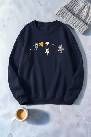 Unisex Ufak Yaramaz Kediler Baskılı Bisiklet Yaka Sweatshirt