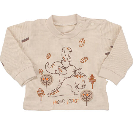 Erkek Bebek Bej Filli Nakışlı Önlüklü Waffle 3'lü Takım