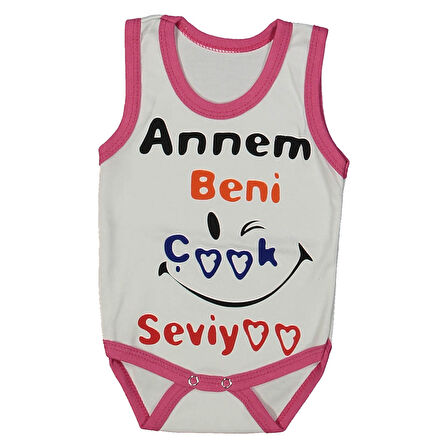 Kız Bebek Beyaz Fuşya Biyeli Annem Beni Seviyor Yazılı Askılı Zıbın