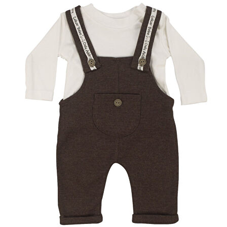 Erkek Bebek Beyaz Kahve Waffle Salopetli İkili Takım