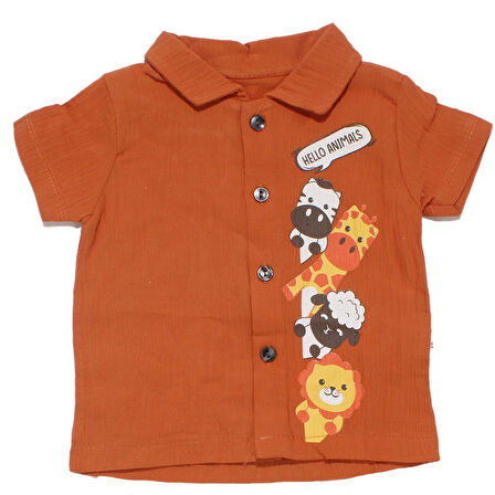 Erkek Bebek Turuncu Bej Hayvanlı Desenli Müslin Gömlekli 2'li Takım