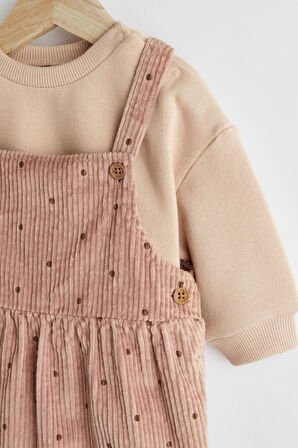 Next Baby % 100 Pamuklu Sütlü Kahve Nokta Desenli Salopet Body Zıbın Set