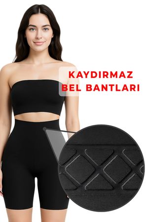 Lazer Kesim Şort Korse Yüksek Bel Paçalı ve İz Yapmayan Dikişsiz Hayalet Korse, Siyah-ELİLOM