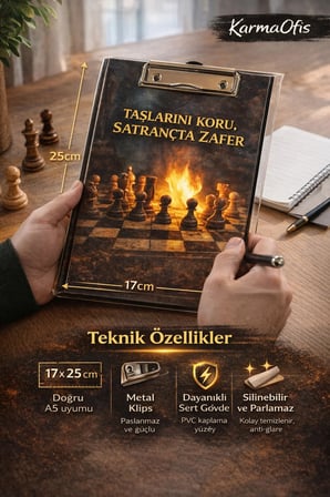 Taşlarını Koru Satranç Temalı Sekreterlik 17x25 cm | A5 Uyumlu Metal Klipsli Dayanıklı Clipboard
