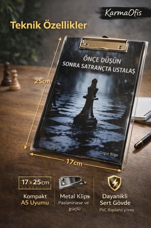 Önce Düşün Sonra Satrançta Ustalaş Sekreterlik 17x25 cm | A5 Uyumlu Metal Klipsli Dayanıklı