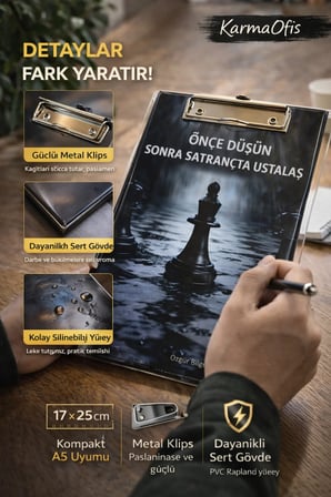 Önce Düşün Sonra Satrançta Ustalaş Sekreterlik 17x25 cm | A5 Uyumlu Metal Klipsli Dayanıklı