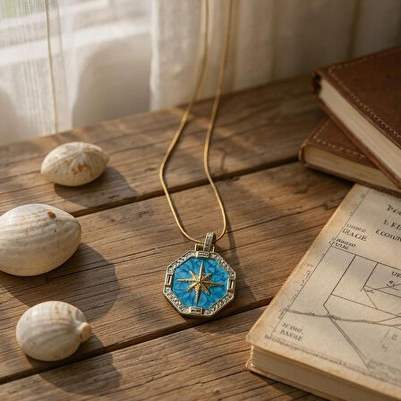 Çelik Uçlu Zirkon Pusula Kolye - Altın Sarısı Renginde, Turkuaz Taşlı