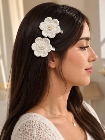  El Yapımı Beyaz Çiçekli Saç Tokası 2'li Set
