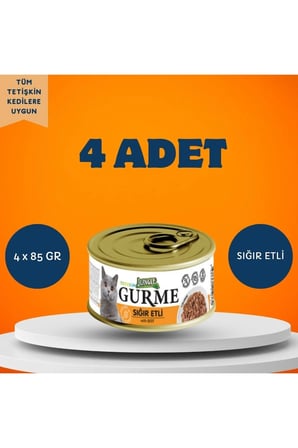 Gurme Soslu Sığır Etli Yetişkin Kedi Yaş Maması 4 x 85 Gr