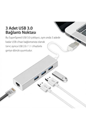 Alüminyum Type-A USB 3.0 Hub Çoklayıcı + RJ45 LAN Ethernet Dönüştürücü Adaptör