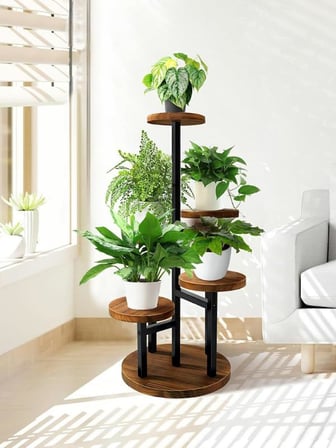 Çiçeklik 5 Raflı Saksılık Dekoratif 5 Raflı Çiçeklik Metal Doğal Ahşap Saksılık Çiçek Rafı Daire Mod