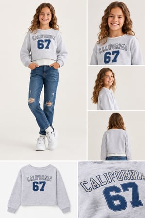 Kız Çocuk Gri California 67 Baskılı Serbest Kesim Ara Boy Sweatshirt