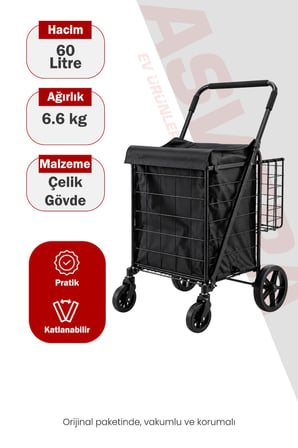 ASVERA 60 Litre Katlanabilir Pazar Arabası Çantalı Alışveriş Arabası