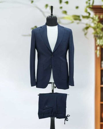 BYS Beystil Sivri Yaka Lacivert Spor Casual Jogger Takım Elbise Gofre- Slim Fit
