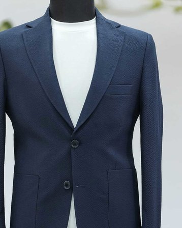 BYS Beystil Sivri Yaka Lacivert Spor Casual Jogger Takım Elbise Gofre- Slim Fit