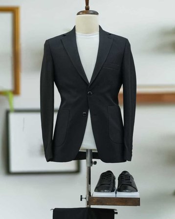 BYS Beystil Sivri Yaka Siyah Spor Casual Jogger Takım Gofre- Slim Fit