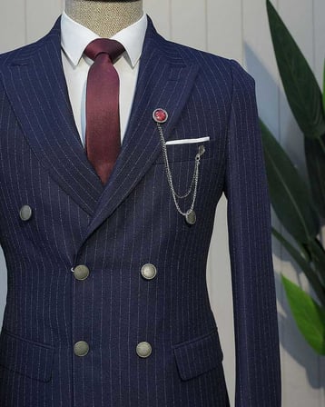 Beystil Sivri Yaka Lacivert Çizgili Kruvaze Takım Elbise Togo - Slim Fit
