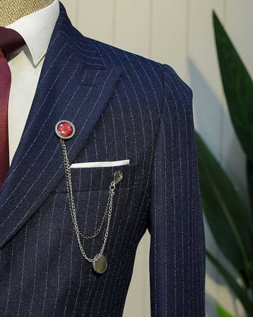 Beystil Sivri Yaka Lacivert Çizgili Kruvaze Takım Elbise Togo - Slim Fit