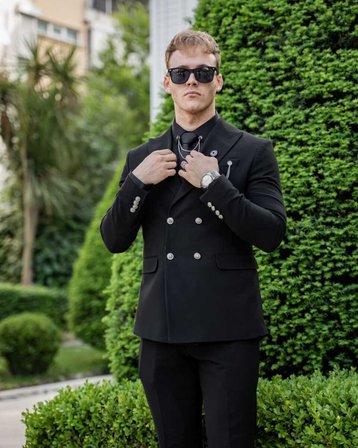 BYS Beystil Sivri Yaka Siyah Kruvaze Takım Elbise Nikol036- Slim Fit