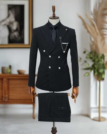 BYS Beystil Sivri Yaka Siyah Kruvaze Takım Elbise Nikol036- Slim Fit
