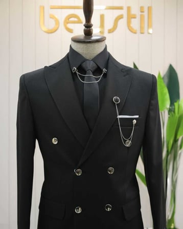 BYS Beystil Sivri Yaka Siyah Kruvaze Takım Elbise Nikol036- Slim Fit