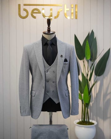 BYS Beystil Sivri Yaka Gri Takım Elbise Elanor- Slim Fit
