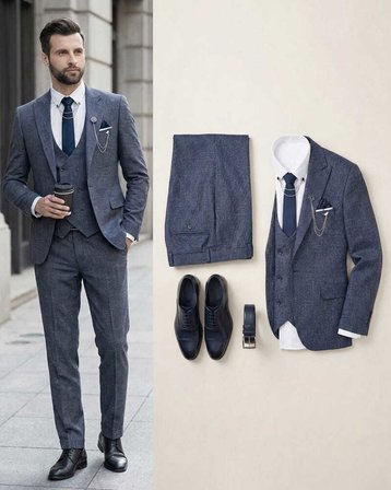 BYS Beystil Sivri Yaka  Lacivert Kırçıllı Takım Elbise Storm - Slim Fit