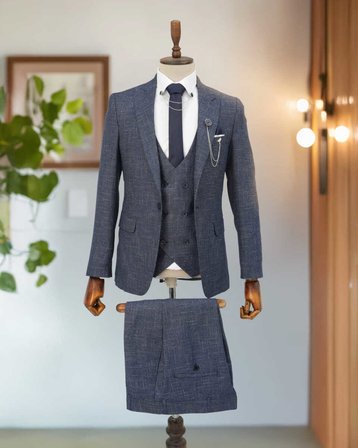 BYS Beystil Sivri Yaka  Lacivert Kırçıllı Takım Elbise Storm - Slim Fit