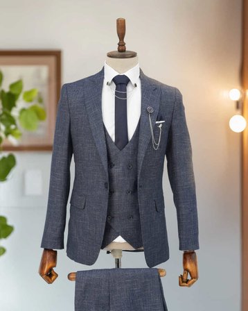 BYS Beystil Sivri Yaka  Lacivert Kırçıllı Takım Elbise Storm - Slim Fit