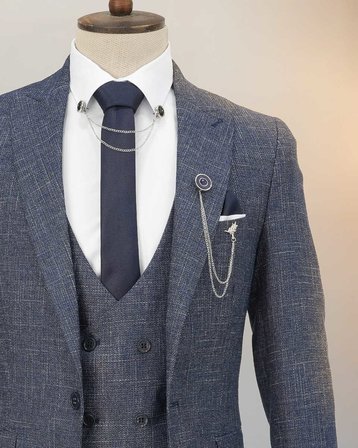 BYS Beystil Sivri Yaka  Lacivert Kırçıllı Takım Elbise Storm - Slim Fit