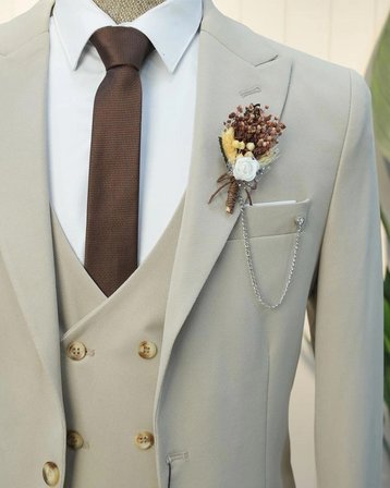 BYS Beystil Sivri Yaka Krem Takım Elbise Petek04 -Slim Fit
