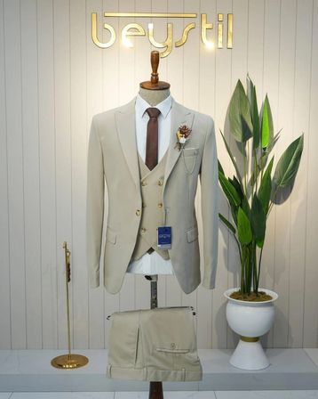 BYS Beystil Sivri Yaka Krem Takım Elbise Petek04 -Slim Fit