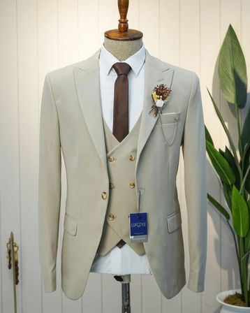 BYS Beystil Sivri Yaka Krem Takım Elbise Petek04 -Slim Fit