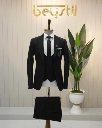 BYS Beystil Sivri Yaka Siyah Takım Elbise Petek04 - Slim Fit