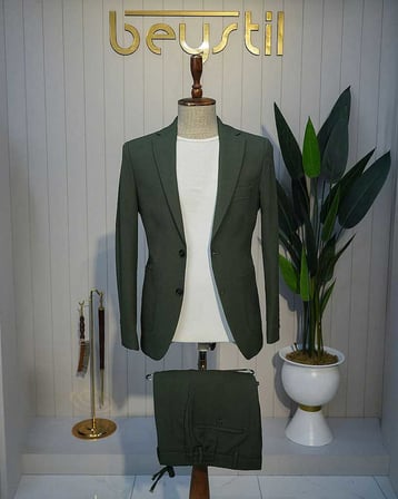 Beystil Sivri Yaka Haki Spor Casual Jogger Takım Gofre - Slim Fit