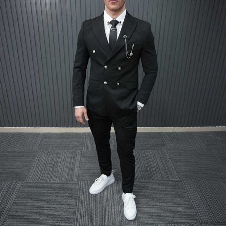 BYS Beystil Sivri Yaka Siyah Kruvaze Takım Elbise Petek036 - Slim Fit