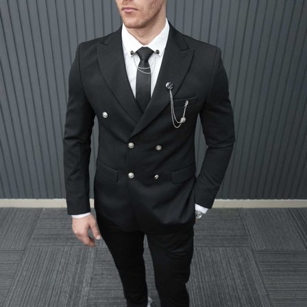 BYS Beystil Sivri Yaka Siyah Kruvaze Takım Elbise Petek036 - Slim Fit