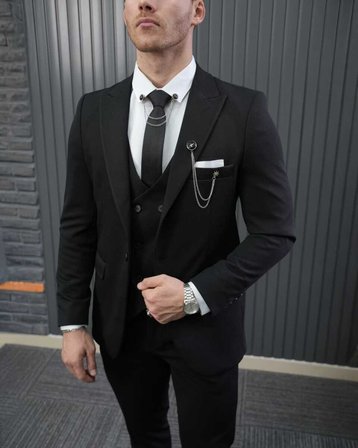 BYS Beystil Sivri Yaka Siyah Takım Elbise Petek04 - Slim Fit