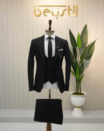 BYS Beystil Sivri Yaka Siyah Takım Elbise Petek04 - Slim Fit