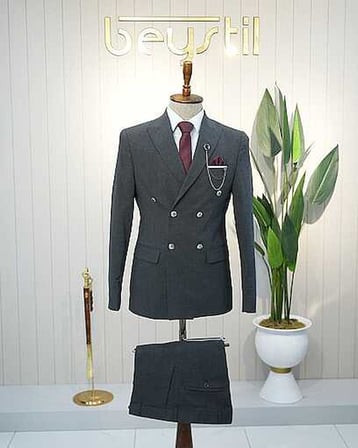Beystil Sivri Yaka Gri Kruvaze Takım Elbise Nikol - Slim Fit
