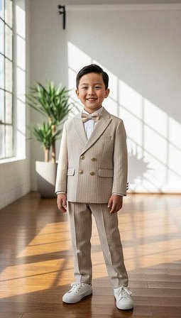 Beystil Sivri Yaka Krem Çizgili Çocuk Kruvaze Elbise - Slim Fit