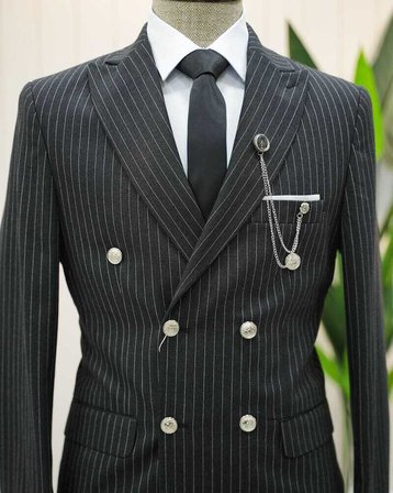 Beystil Sivri Yaka Siyah Çizgili Kruvaze Takım Elbise Bezayak036- Slim Fit