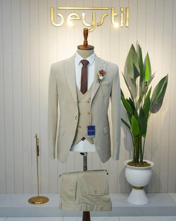 BYS Beystil Sivri Yaka Krem Takım Elbise Petek04 -Slim Fit