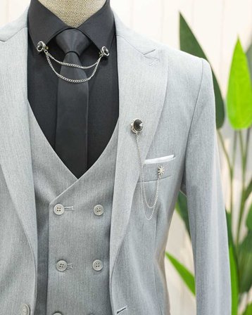 Beystil Sivri Yaka Gri Yelekli Takım Elbise Nikol - Slim Fit