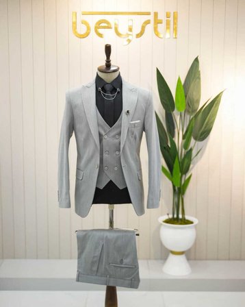 Beystil Sivri Yaka Gri Yelekli Takım Elbise Nikol - Slim Fit